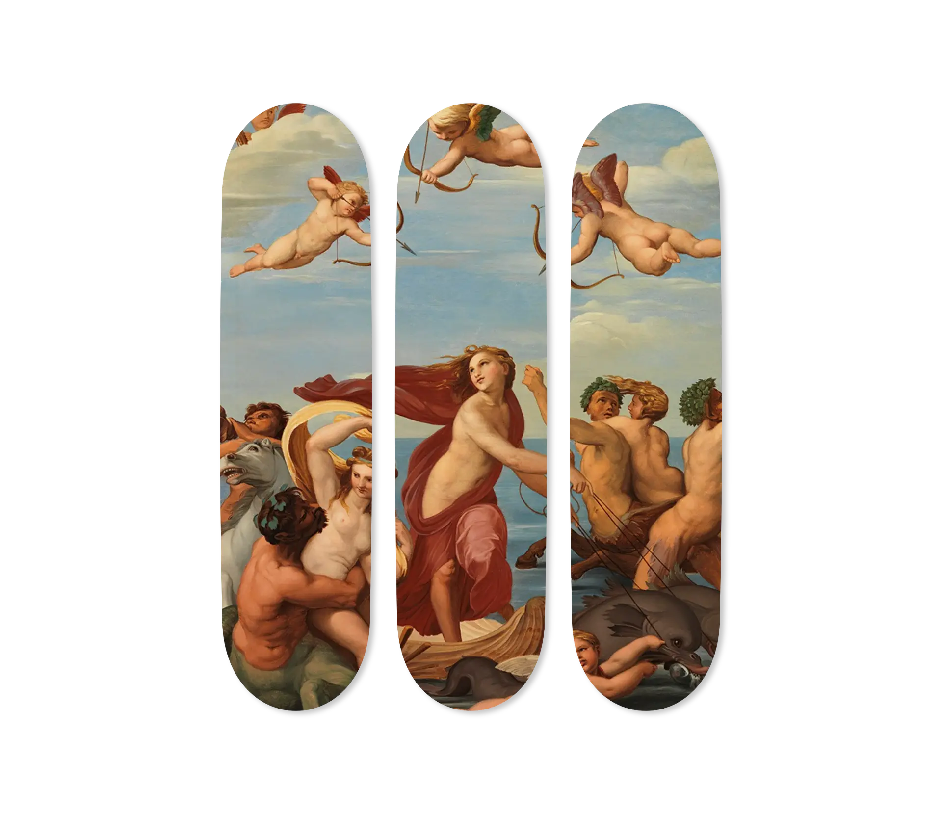 The Triumph of Galatea by Raphael — three-deck skateboard triptych