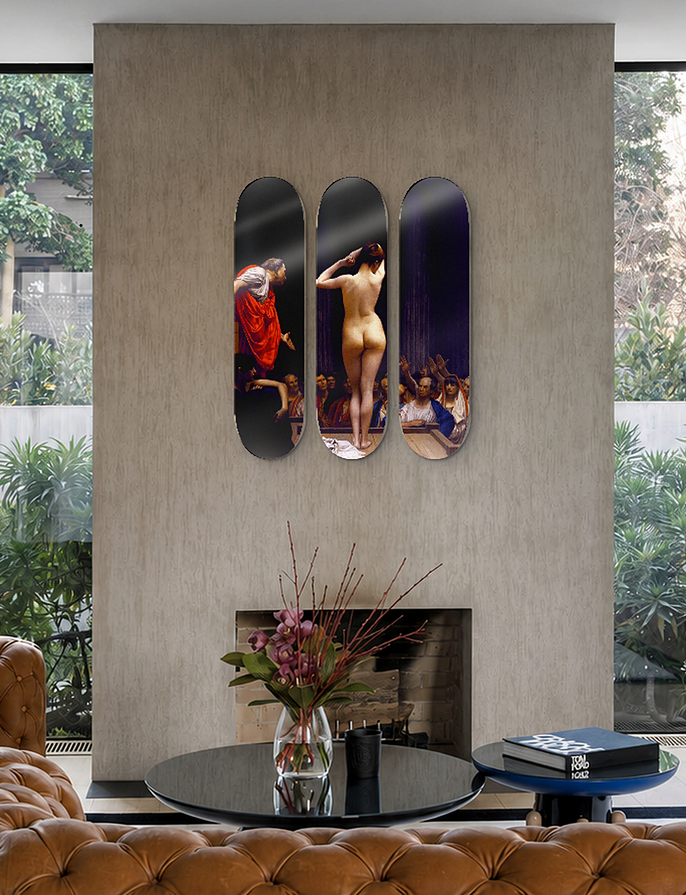 A Roman Slave Market by Jean-Léon Gérôme — three-deck skateboard triptych