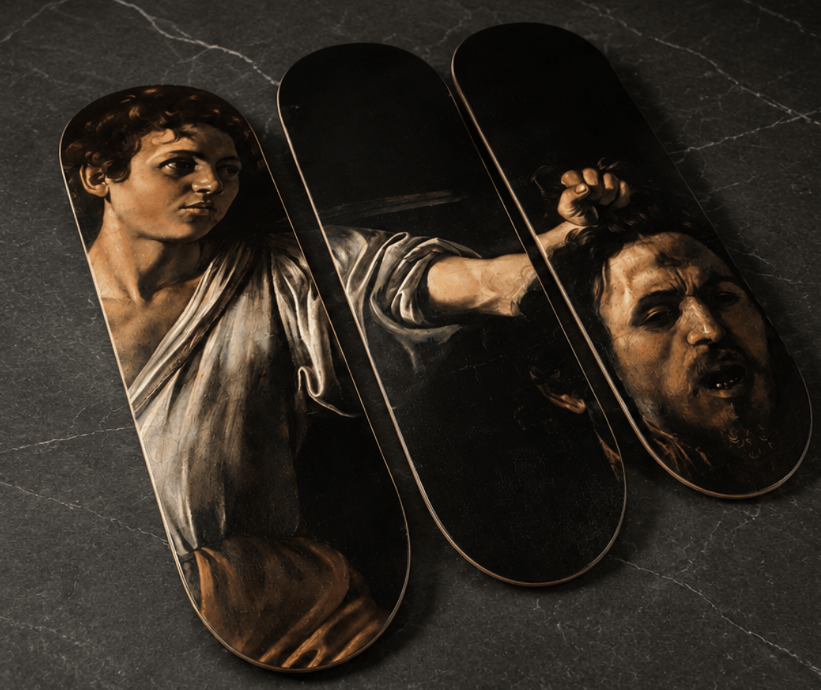 David with the Head of Goliath by Caravaggio — three-deck skateboard triptych