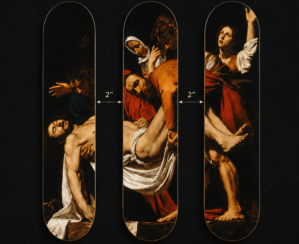 Installation guide showing the Entombment triptych with 2" spacing between each deck