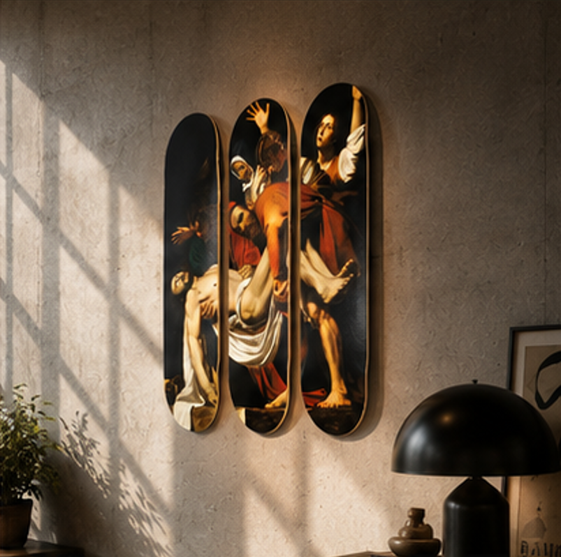 The Entombment of Christ by Caravaggio — three-deck skateboard triptych