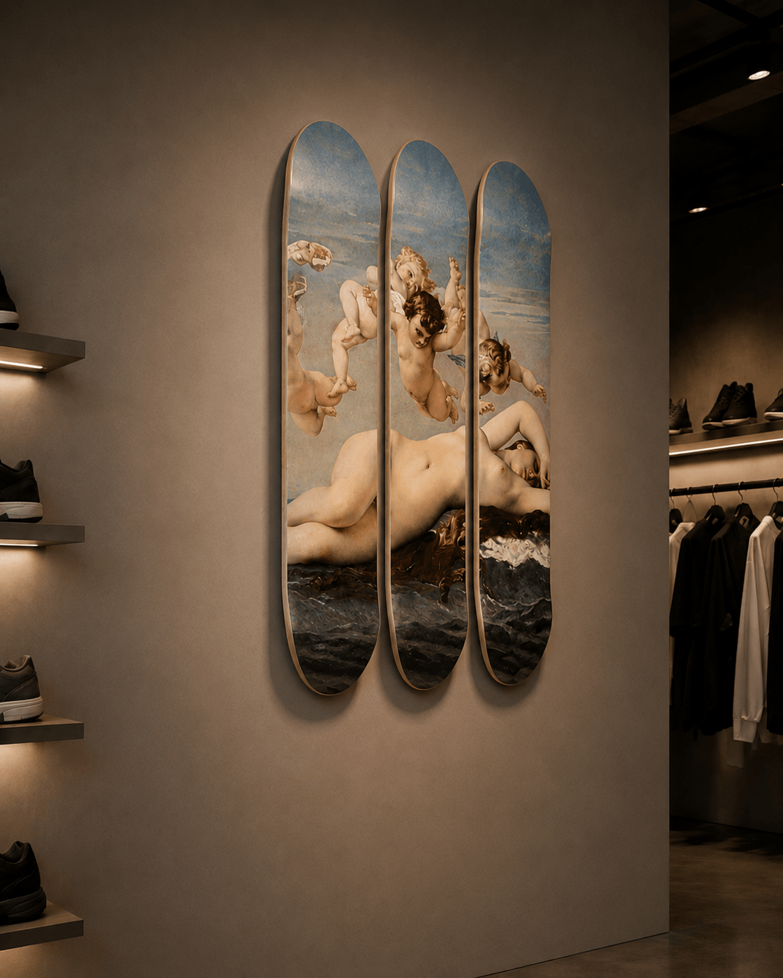 The Birth of Venus by Alexandre Cabanel — three-deck skateboard triptych