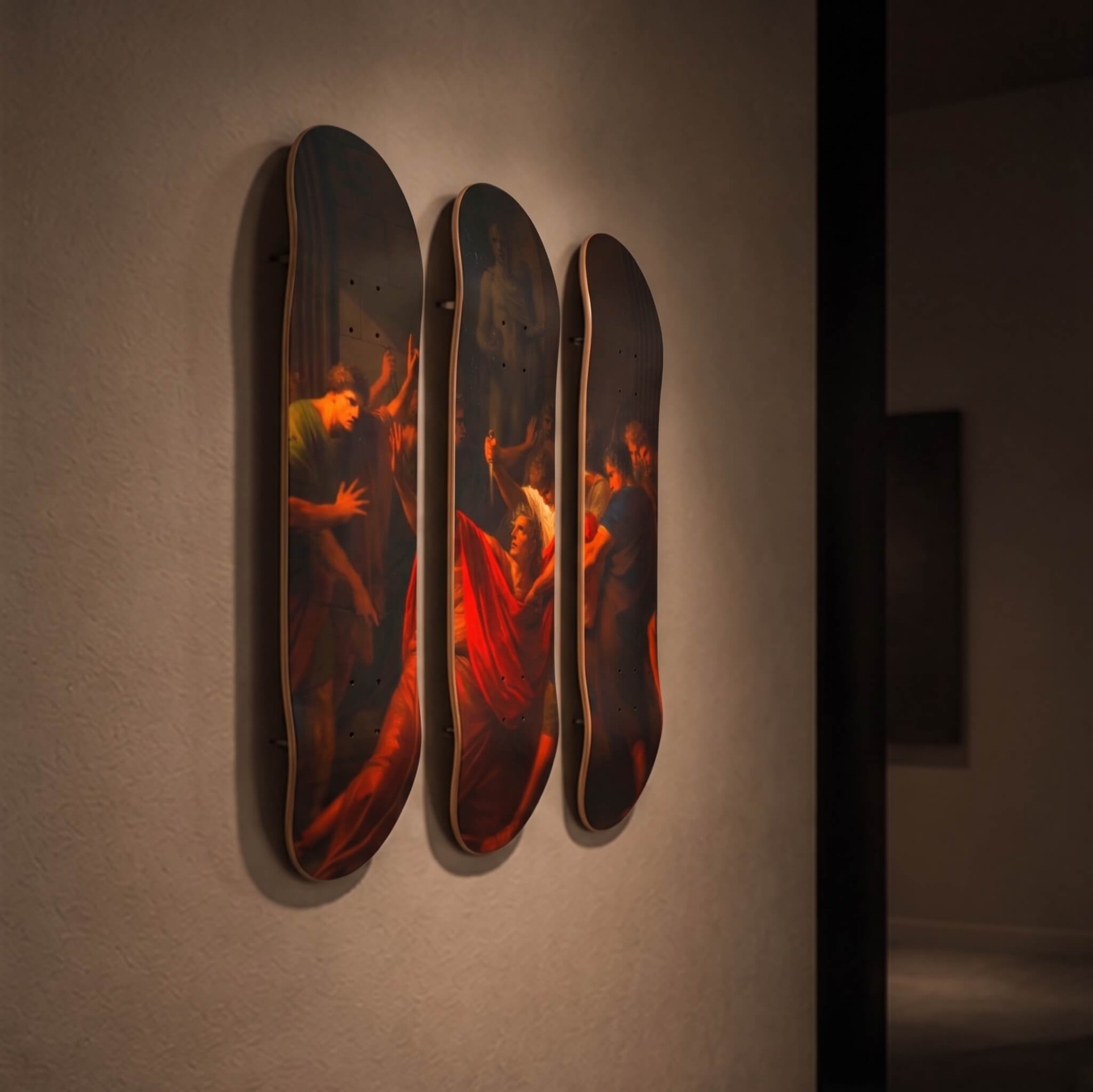 Die Ermordung Julius Caesars by Heinrich Friedrich Füger — three-deck skateboard triptych
