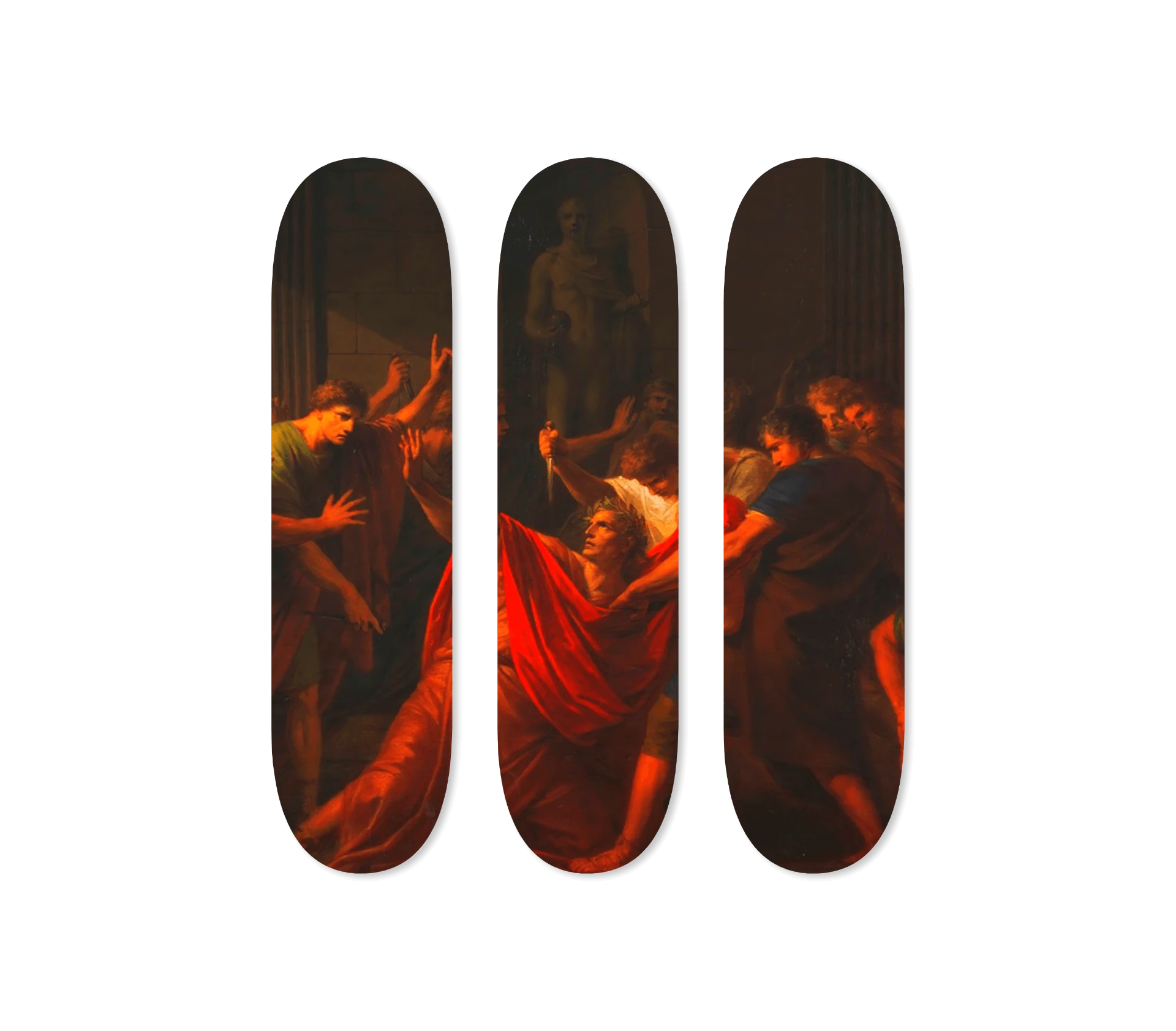 Die Ermordung Julius Caesars by Heinrich Friedrich Füger — three-deck skateboard triptych