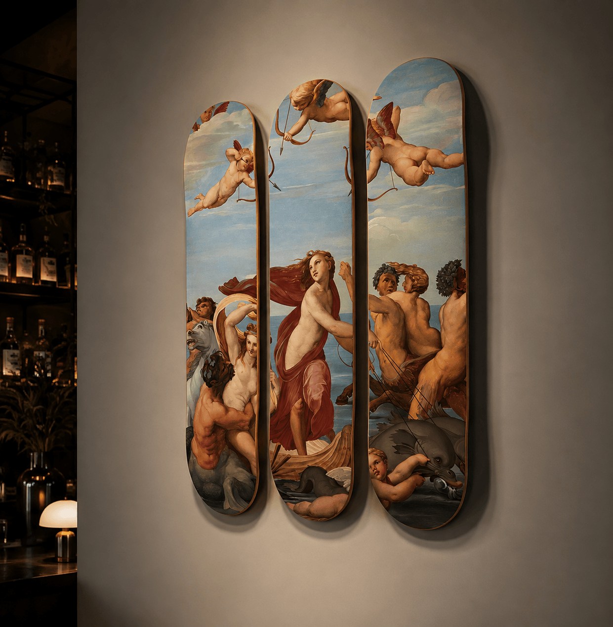 The Triumph of Galatea by Raphael — three-deck skateboard triptych