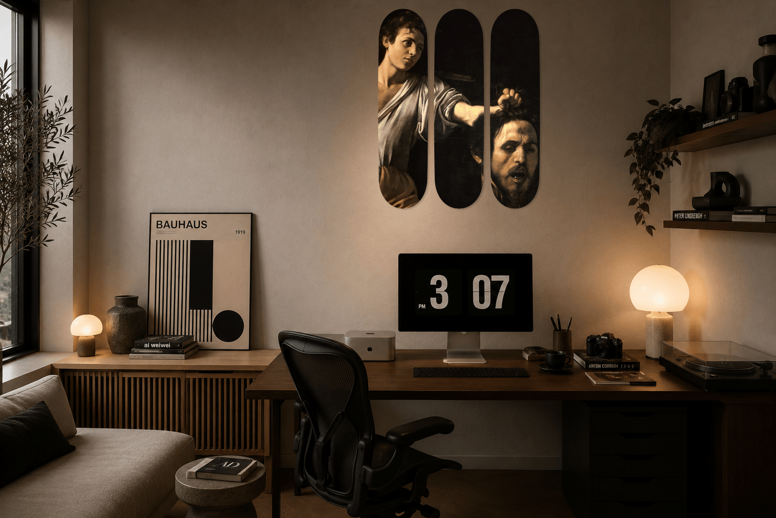 HOME OFFICE / CREATIVE STUDIO interior installation featuring David with the Head of Goliath