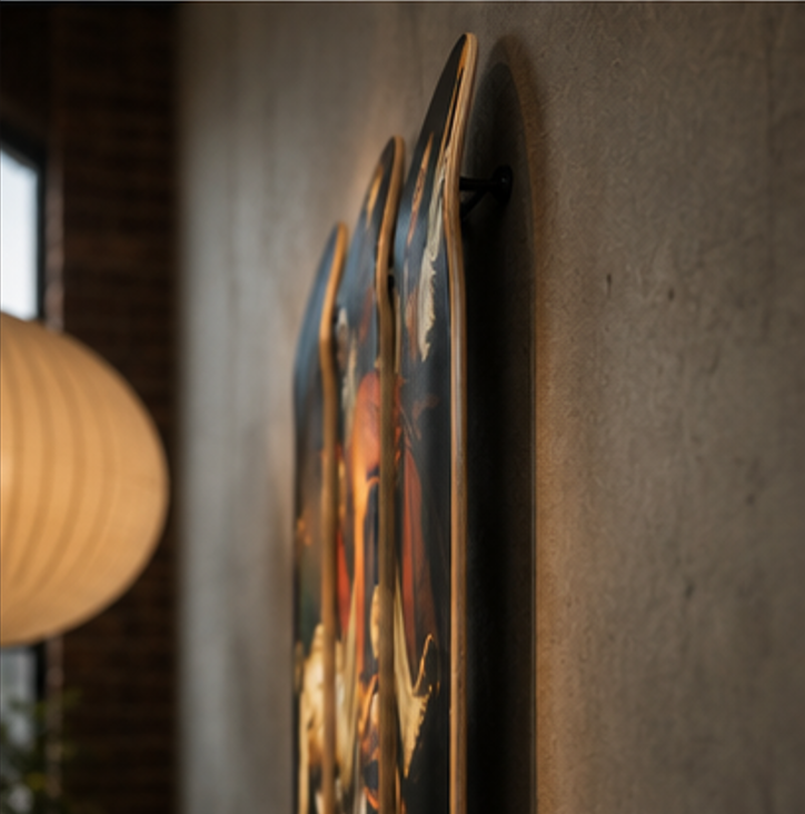 Skateboard kick and side profile of three mounted decks