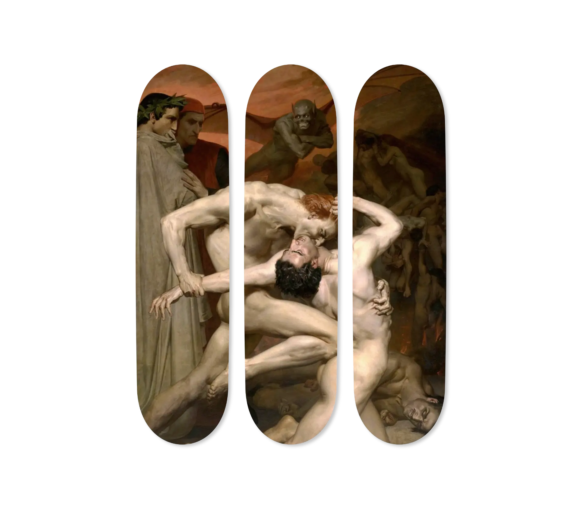 Dante and Virgil by William-Adolphe Bouguereau — three-deck skateboard triptych